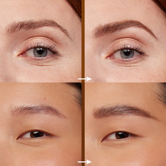 Before-and-after close-ups of eyebrows becoming fuller and more defined after using the ColourPop Dope Taupe Pencil brow pencil, with soft taupe, hair-like strokes filling and shaping arches across two skin tones in side-by-side panels.