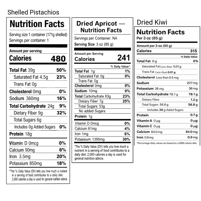Nutrition facts labels for shelled pistachios, dried apricot, and dried kiwi on a white background.