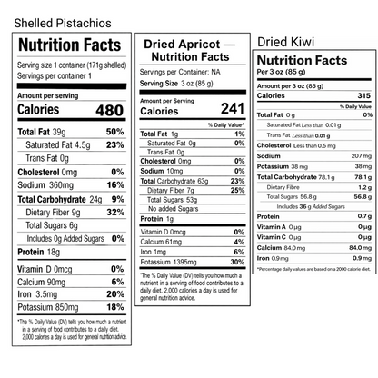 Nutrition facts labels for shelled pistachios, dried apricot, and dried kiwi on a white background.