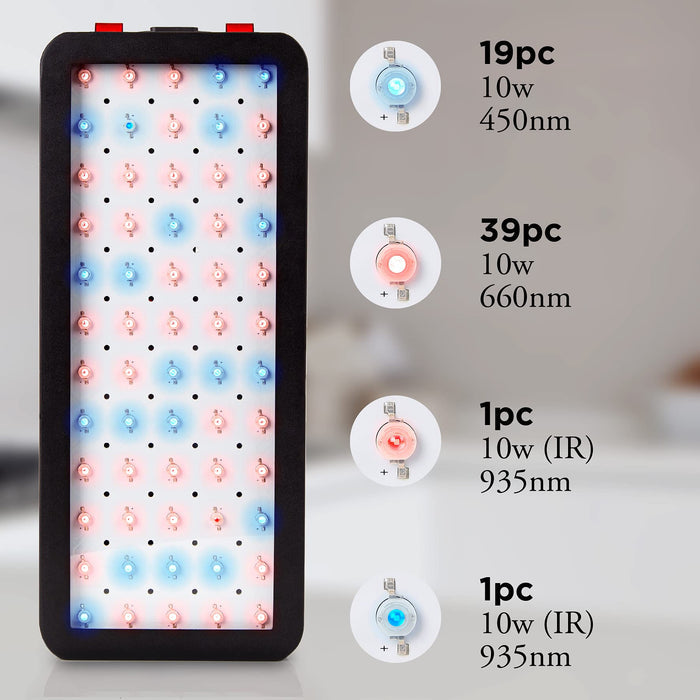 Duronic Hanging Grow Light featuring a specialized configuration of 60 individual 10W diodes across 450nm blue, 660nm red, and 935nm infrared spectrums for indoor plant cultivation.