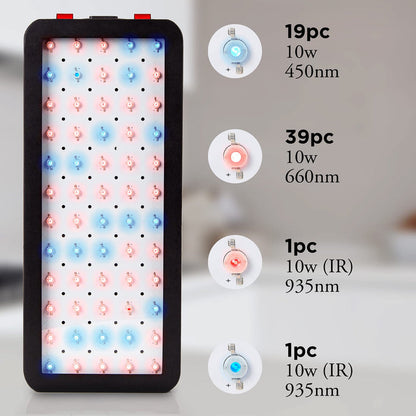 Duronic Hanging Grow Light featuring a specialized configuration of 60 individual 10W diodes across 450nm blue, 660nm red, and 935nm infrared spectrums for indoor plant cultivation.