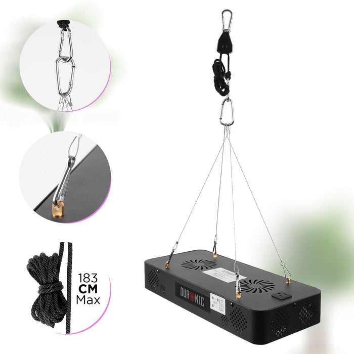 Duronic Hanging Grow Light with a black metal chassis, featuring an adjustable rope pulley system and wire suspension kit that extends up to 183 cm.