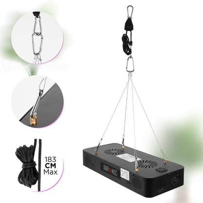 Duronic Hanging Grow Light with a black metal chassis, featuring an adjustable rope pulley system and wire suspension kit that extends up to 183 cm.