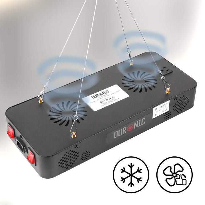 Duronic Hanging Grow Light featuring built-in cooling fans, dual power switches, and a suspension wire system for temperature-controlled indoor gardening.