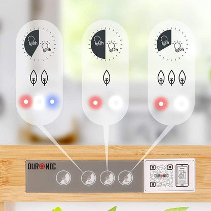 Duronic Hydroponic Growing System featuring three timer settings (14h, 12h, and 16h) with icons illustrating the corresponding light-to-dark cycles and plant growth stages.
