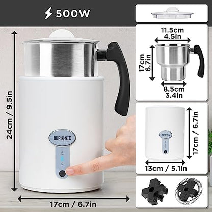 Duronic MF500 WE electric frother for milk specifications height, length, width, depth and wattage 500W