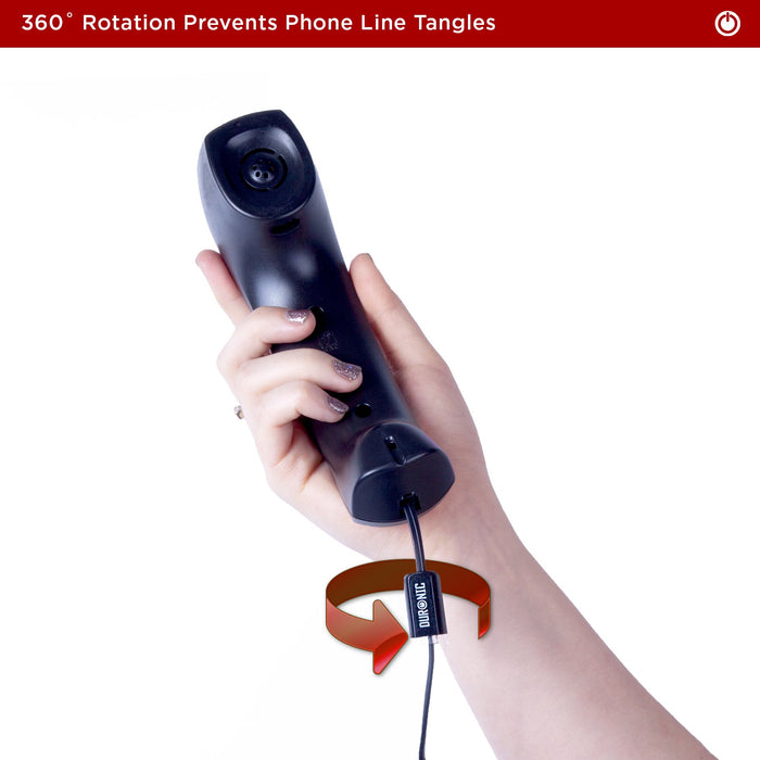 Duronic Phone Line Detangler with hand holding a black telephone handset