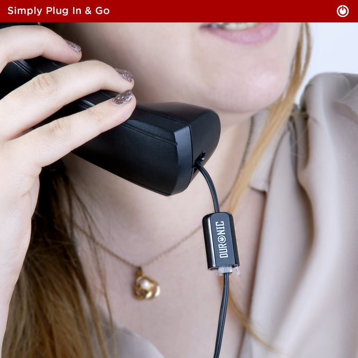 Duronic Phone Line Detangler plugged into a black landline telephone handset.