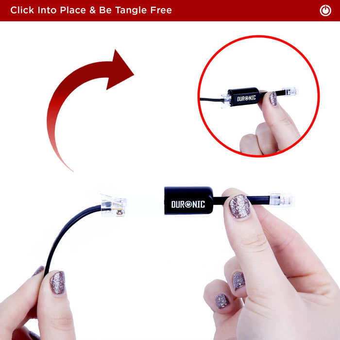 Duronic Phone Line Detangler showing how to click the RJ11 connector into the swivel base.