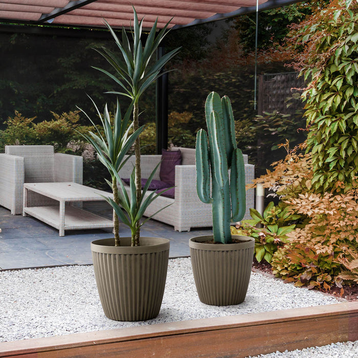 Eco-friendly Large Faux Concrete Round Plastic Fluted Pot Planters, Set of 2