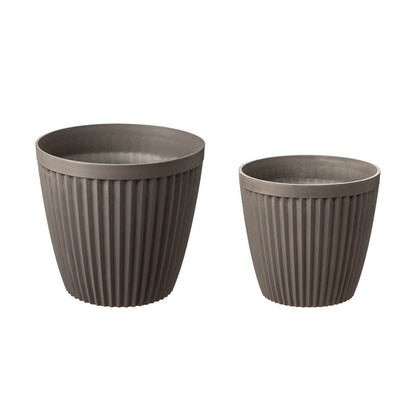 Eco-friendly Large Faux Concrete Round Plastic Fluted Pot Planters, Set of 2