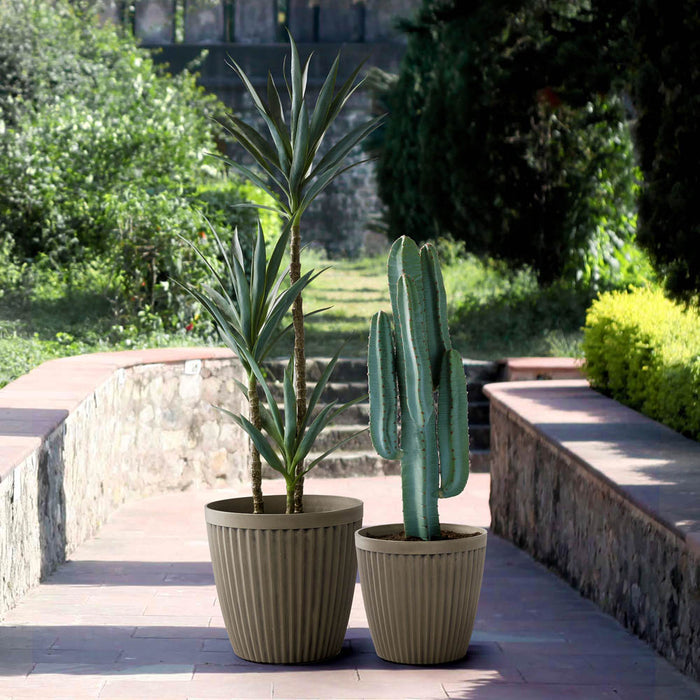 Eco-friendly Large Faux Concrete Round Plastic Fluted Pot Planters, Set of 2