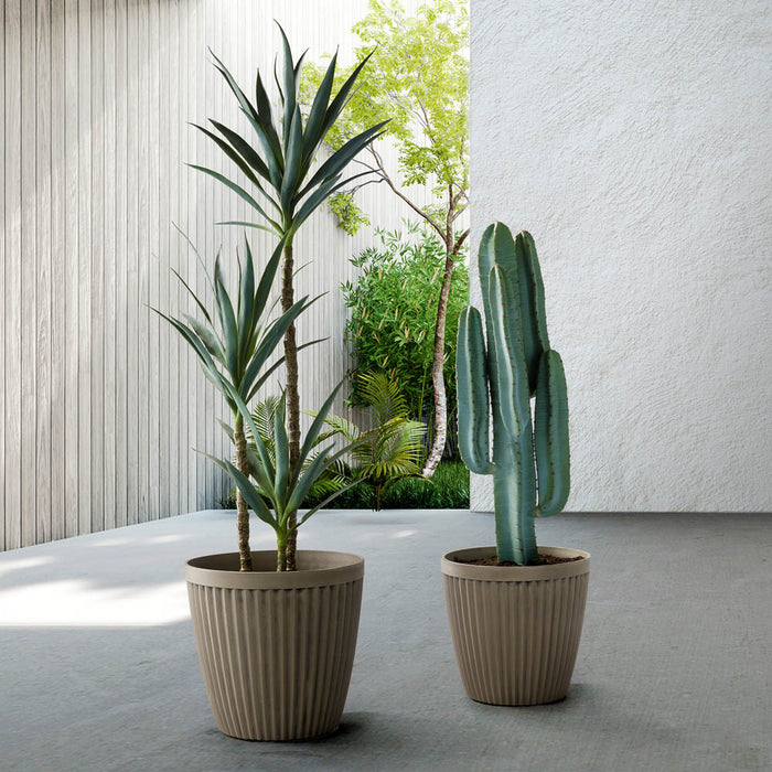 Eco-friendly Large Faux Concrete Round Plastic Fluted Pot Planters, Set of 2