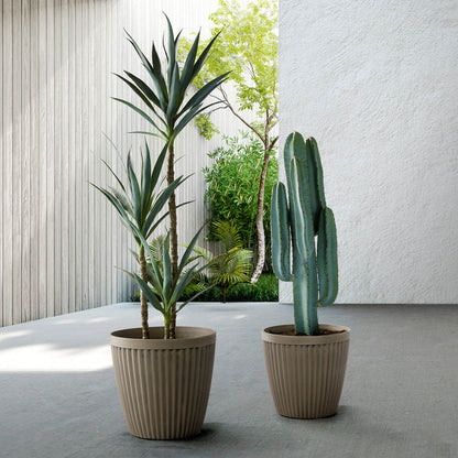 Eco-friendly Large Faux Concrete Round Plastic Fluted Pot Planters, Set of 2