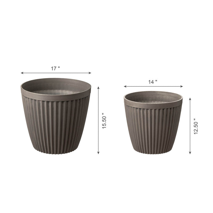Eco-friendly Large Faux Concrete Round Plastic Fluted Pot Planters, Set of 2