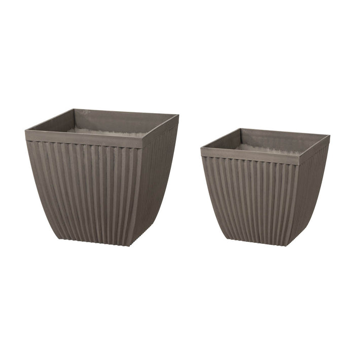 Eco-friendly Large Faux Concrete Square Plastic Fluted Pot Planters, Set of 2