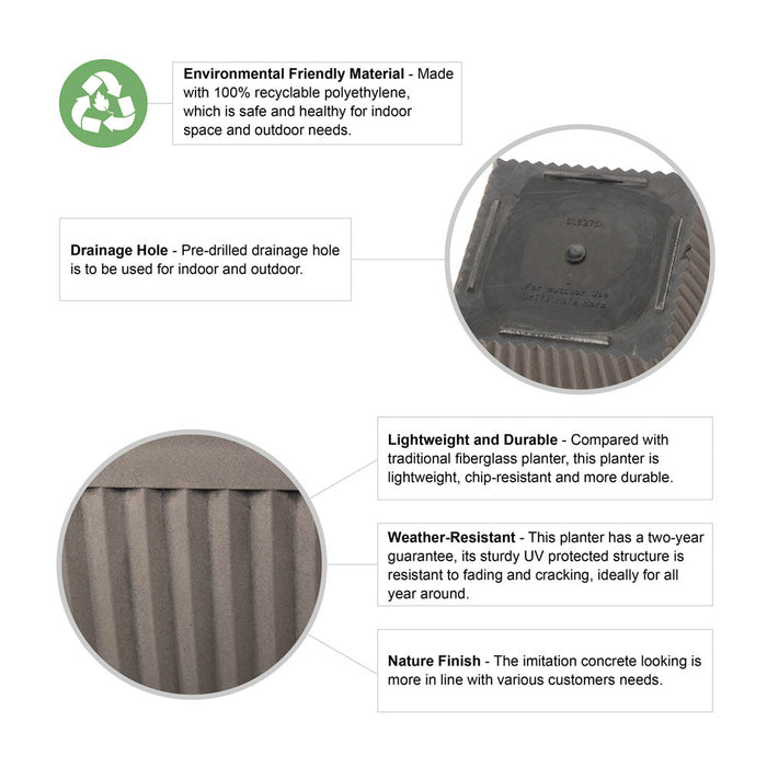 Eco-friendly Large Faux Concrete Square Plastic Fluted Pot Planters, Set of 2