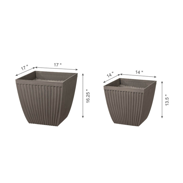 Eco-friendly Large Faux Concrete Square Plastic Fluted Pot Planters, Set of 2