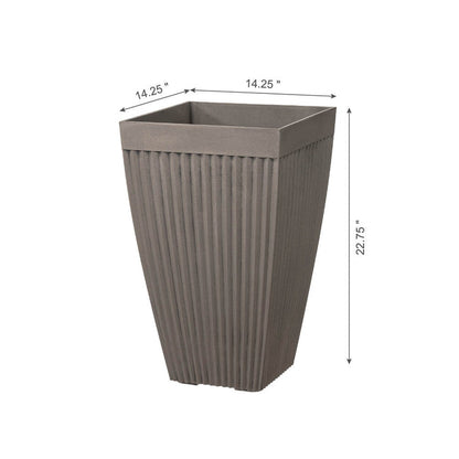 Eco-friendly Large Faux Concrete Tall Square Plastic Fluted Pot Planters, Set of 2