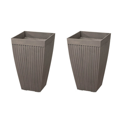 Eco-friendly Large Faux Concrete Tall Square Plastic Fluted Pot Planters, Set of 2