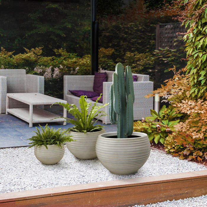 Eco-friendly Large Faux Porcelain Round Polyresin Fluted Planters, Set of 3