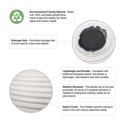 Eco-friendly Large Faux Porcelain Round Polyresin Fluted Planters, Set of 3