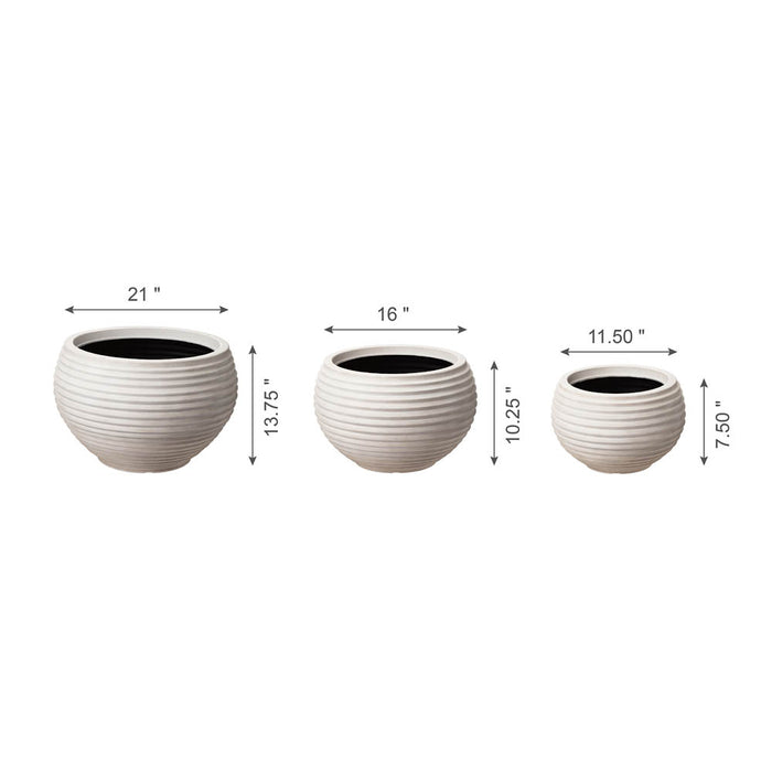 Eco-friendly Large Faux Porcelain Round Polyresin Fluted Planters, Set of 3