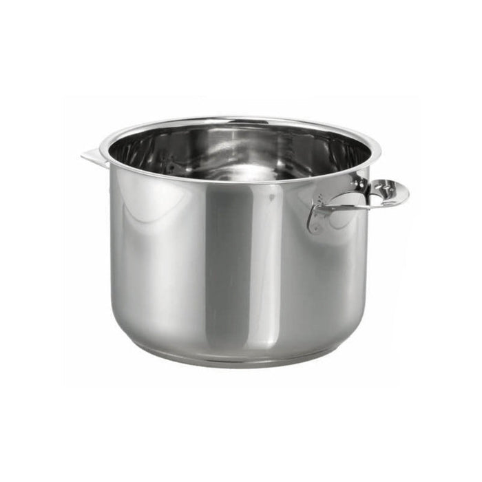 Der Unold Edelstahl-Topf für FONDUE Elégance 48645 ist ein großer, glänzender Edelstahltopf mit zwei kurzen Seitengriffen, abgebildet auf schlichtem weißem Grund.