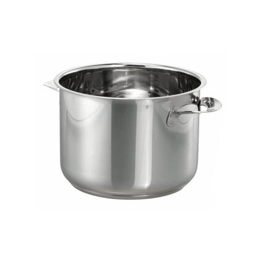 Der Unold Edelstahl-Topf für FONDUE Elégance 48645 ist ein großer, glänzender Edelstahltopf mit zwei kurzen Seitengriffen, abgebildet auf schlichtem weißem Grund.