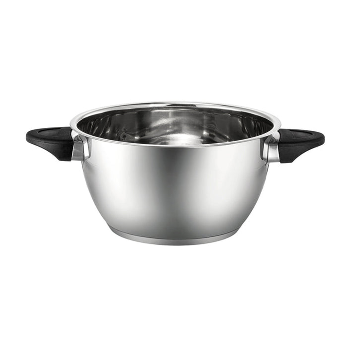 Der Unold Edelstahl-Topf für FONDUE-SET 48615 ist ein leerer, glänzender Edelstahltopf mit schwarzen Seitengriffen, der eine reflektierende Oberfläche aufweist und auf einem weißen Hintergrund abgebildet ist.