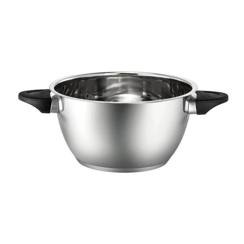 Der Unold Edelstahl-Topf für FONDUE-SET 48615 ist ein leerer, glänzender Edelstahltopf mit schwarzen Seitengriffen, der eine reflektierende Oberfläche aufweist und auf einem weißen Hintergrund abgebildet ist.