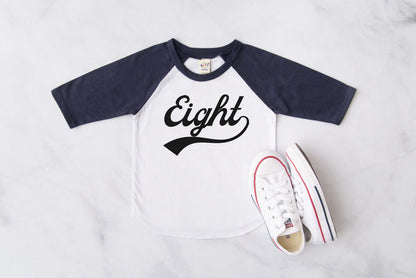 "Eight" 8th Birthday Baseball Raglan