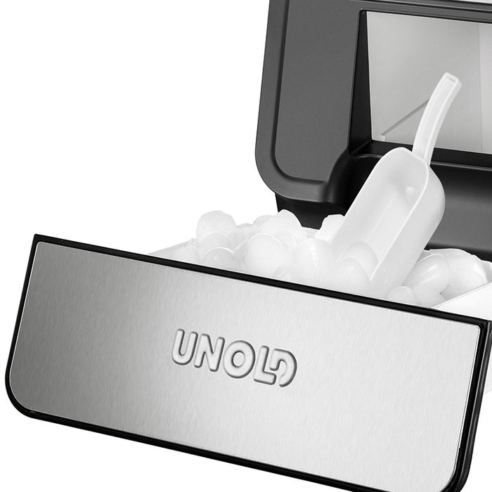 Nahaufnahme eines unold Eiswürfel-Schublade für EISWÜRFELBEREITER Edel 48955, mit einer Schale mit Eiswürfeln und einer weißen Plastikschaufel darin.