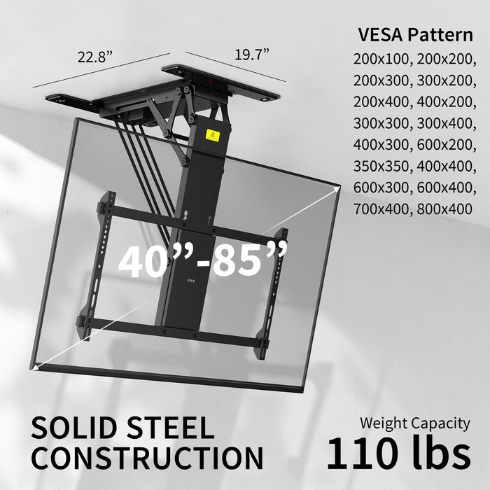 Electric Flip Down Ceiling TV Mount holds large TVs and features dual motors for effortless adjustment.