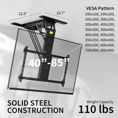 Electric Flip Down Ceiling TV Mount holds large TVs and features dual motors for effortless adjustment.