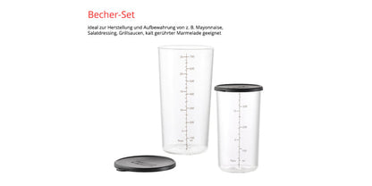 Das Unold ESGE-Zauberstab Becherset-Glas enthält zwei transparente Messbecher mit schwarzem Deckel – einen hohen und einen niedrigen – beide mit Markierungen. Abgebildet auf weißem Hintergrund mit deutschem Text zur Verwendung für Soßen und zur Aufbewahrung.