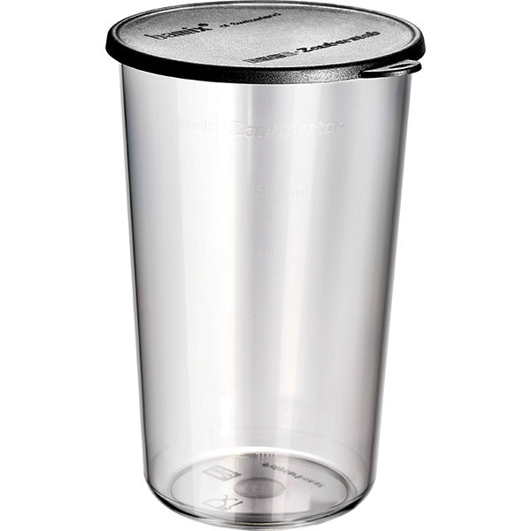 Der ESGE Zauberstab Mixbecher mit Deckel 600 ml ist ein durchsichtiger, zylindrischer Kunststoffbecher mit Messmarkierungen und einem eng anliegenden schwarzen Deckel, entworfen von ESGE Zauberstab mit einer etwas breiteren Oberseite.