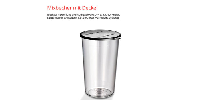 Ein transparenter ESGE Zauberstab Mixbecher mit Deckel 600 ml ist auf weißem Hintergrund abgebildet. Oben steht in roter deutscher Schrift „Mixbecher mit Deckel“, darunter in kleinerem Text die Verwendung für Soßen und Dressings.