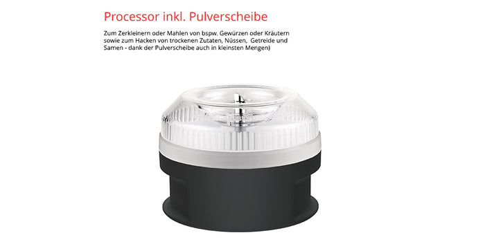 Der ESGE-Zauberstab Processor ist ein kompakter Aufsatz mit transparentem Deckel und Metallklinge, ideal zum Mahlen oder Zerkleinern trockener Zutaten wie Kräuter, Gewürze, Nüsse, Getreide und Samen. Die Funktionen sind oben auf Deutsch beschrieben.