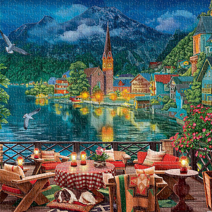 Gazing out over Hallstatt at night — a lakeside village glowing with lights like scattered stars.
