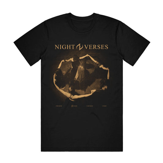 Night Verses Every Sound Has A Color In The Valley Of Night Black T-Shirt. Center of the shirt has 5 women holding hands in a circle around another person or being. above this is the text Night Verses. all in a sepia tone brown ink.