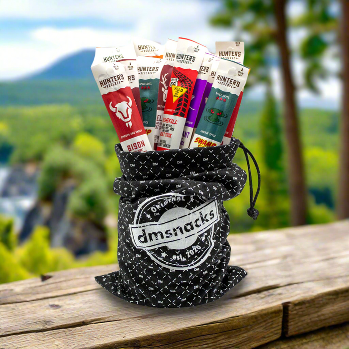 Exotic Meat Sticks Bag – 14 Wild Game Jerky Snacks in Canvas Gift Bag