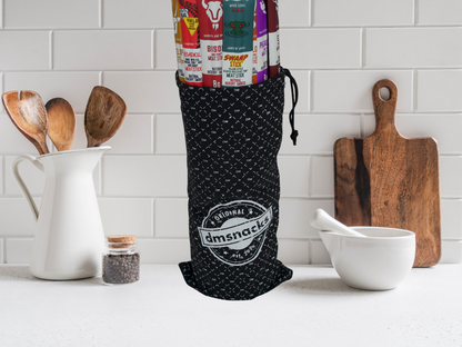 Exotic Meat Sticks Bag with 14 Snacks in reusable canvas bag in kitchen setting.