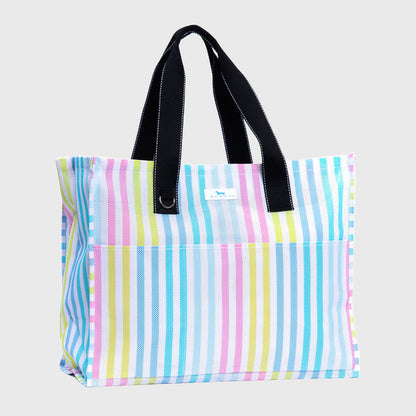 Colorful striped tote bag with a black handle on a light gray background