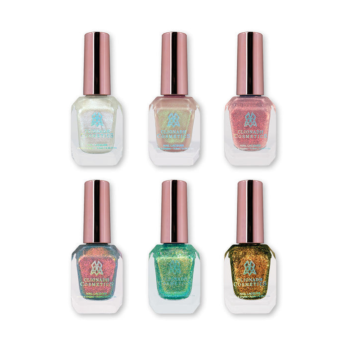 Set of six Clionadh Cosmetics nail polish bottles containing The Famous Paintings Nail Lacquers on a white background.