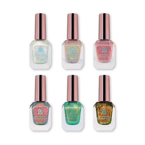Set of six Clionadh Cosmetics nail polish bottles containing The Famous Paintings Nail Lacquers on a white background.