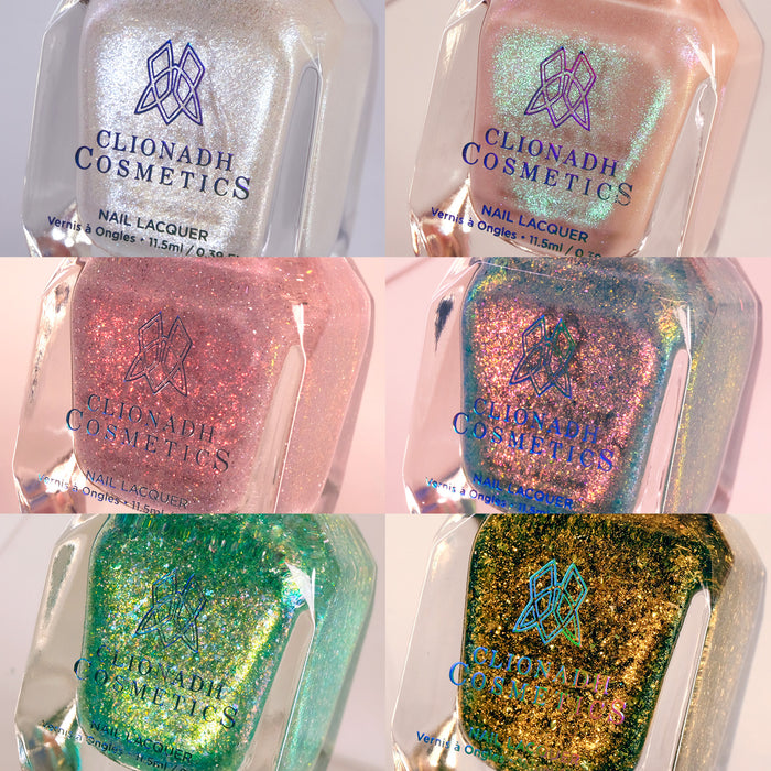 Collage of close-ups of all six Nail Lacquer bottles in the Famous Paintings: Love & Loss Nail Lacquer Bundle.