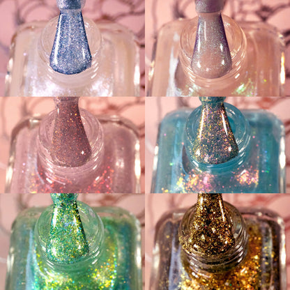 Collage of six opened Clionadh Cosmetics nail polish bottles with brushes and product showing.