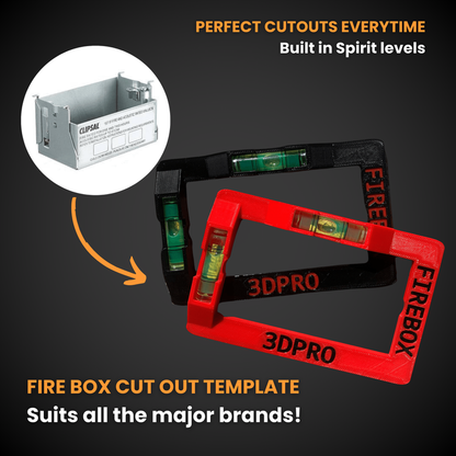 Fire box cut out template with 3DPro branding on a dark background. Suits all major brands.