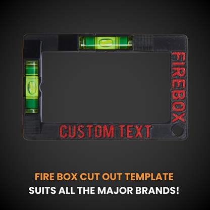 Fire box cut out template with customizable text on a black background